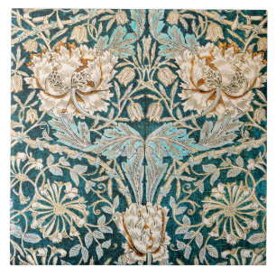Morris Teal Blue Honeysuckle Floral Wallpaper Tile