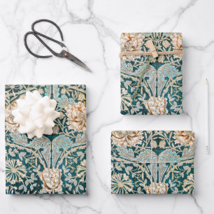Morris Teal Blue Honeysuckle Floral Wallpaper Wrapping Paper Sheet