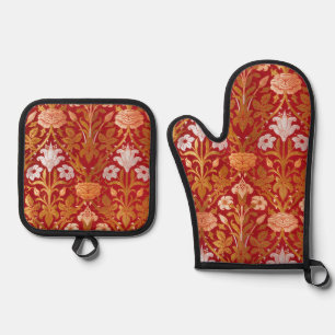Morris - Vintage 1893 Rose & Lily Flower Pattern Oven Mitt & Pot Holder Set