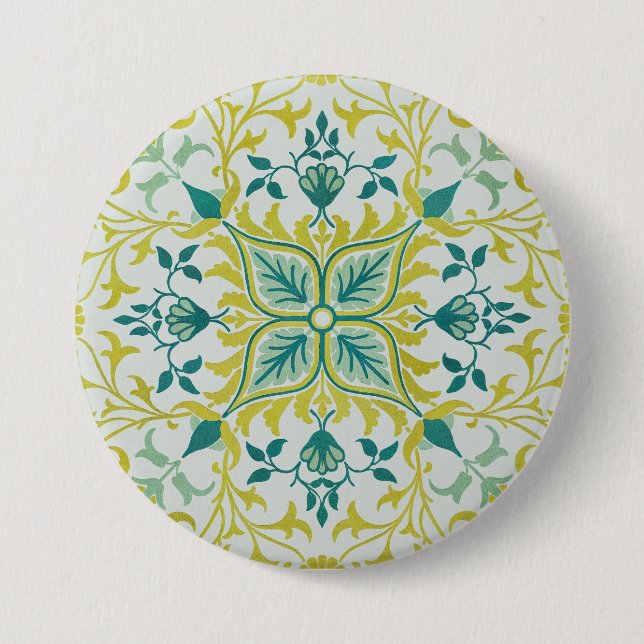 Morris Yellow Turquoise Vine & Flower Pattern 7.5 Cm Round Badge (Front)