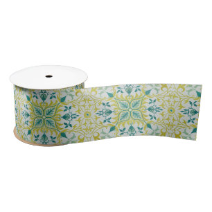 Morris Yellow Turquoise Vine & Flower Pattern Satin Ribbon