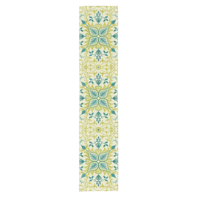 Morris Yellow Turquoise Vine & Flower Pattern Short Table Runner (Front)