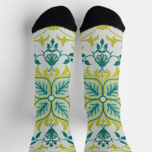 Morris Yellow Turquoise Vine & Flower Pattern Socks