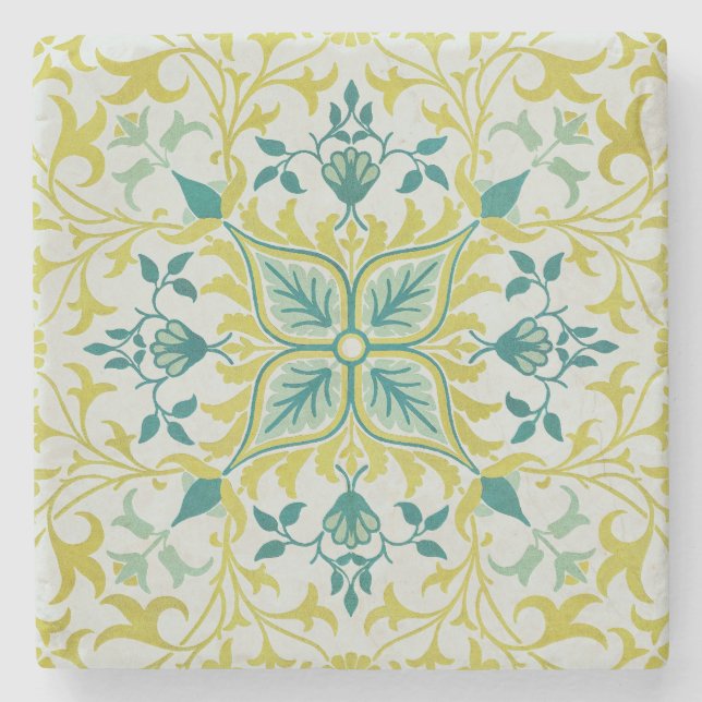 Morris Yellow Turquoise Vine & Flower Pattern Stone Coaster (Front)