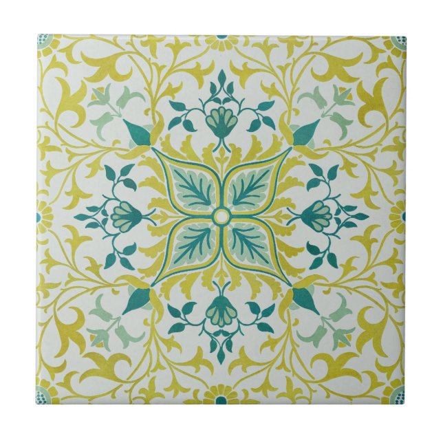 Morris Yellow Turquoise Vine & Flower Pattern Tile (Front)