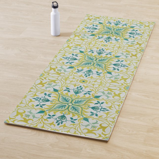 Morris Yellow Turquoise Vine & Flower Pattern Yoga Mat (In Situ)