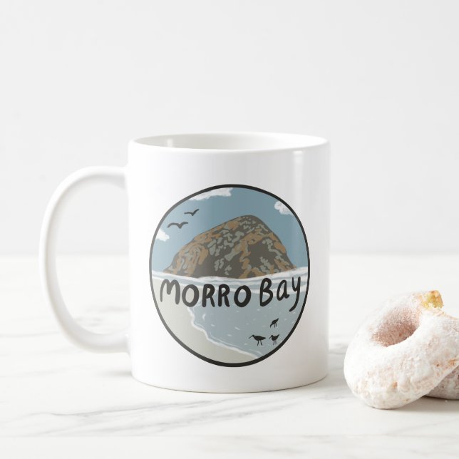 Morro Bay Central California Illustration Beach  Coffee Mug (With Donut)