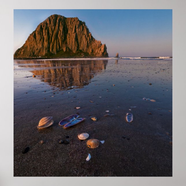 Morro Rock Reflecting In Wet Sand Poster (Front)