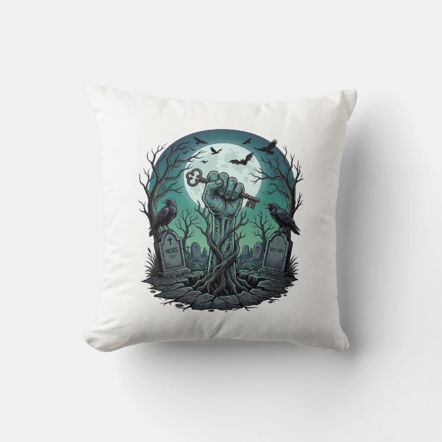 Mors Zombie Hand Skeleton Key Tombstone Ravens Hal Cushion (Front)