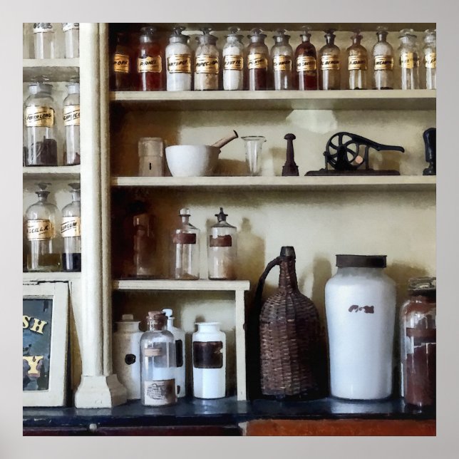 Mortar and Pestle and Bottles on Shelves Poster (Front)