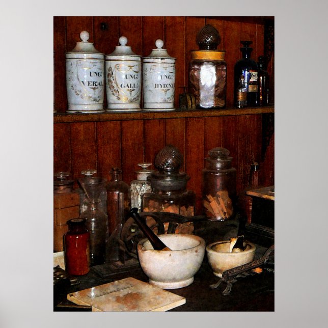 Mortar and Pestle in Drug Store Poster (Front)