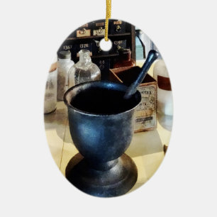 Mortar and Pestle Near Medicine Bottles Ceramic Tree Decoration