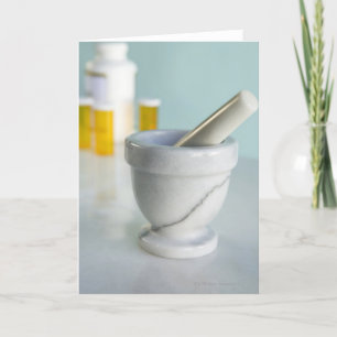 Mortar and Pestle, Pill Bottles in Background Card