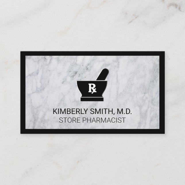 Mortar and Pestle | White Marble Black Border Business Card (Front)