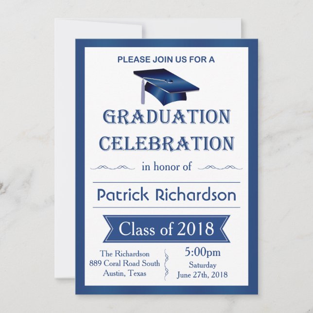 Mortar, blue & white Graduation Party Invitation (Front)