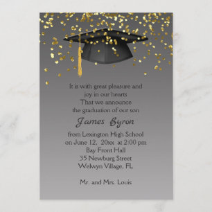 Mortar, golden confetti on grey Graduation Announcement