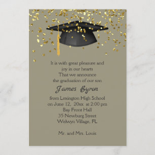 Mortar, golden confetti on  grey yellow Graduation Announcement