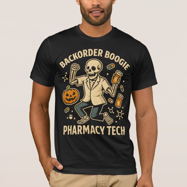 Mortar & Pestle Monster Pharmacy Tech Skeleton Hal T-Shirt (Front)
