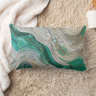 Mosaic Abstract art - Pearl, Taupe and Emerald Lumbar Cushion