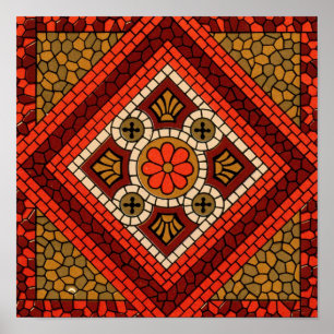 Mosaic Abstract Floral Art red and brown Poster