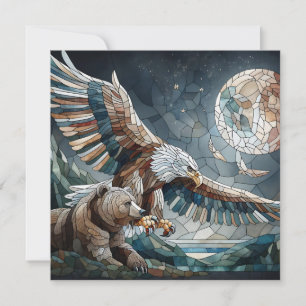 Mosaic Ai Art Brown Bear and an Eagle Full Moon