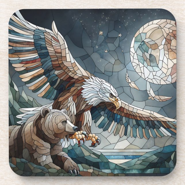 Mosaic Ai Art | Brown Bear and an Eagle Full Moon Coaster (Front)