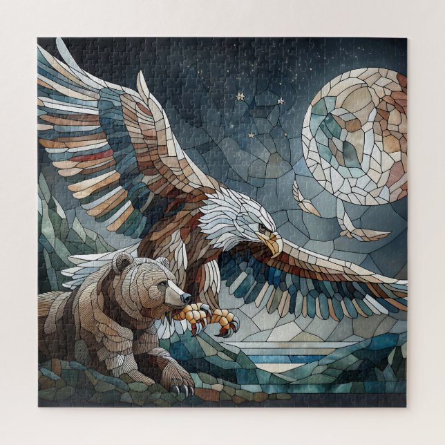 Mosaic Ai Art | Brown Bear and an Eagle Full Moon Jigsaw Puzzle (Vertical)