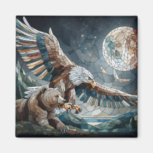 Mosaic Ai Art Brown Bear and an Eagle Full Moon Magnet
