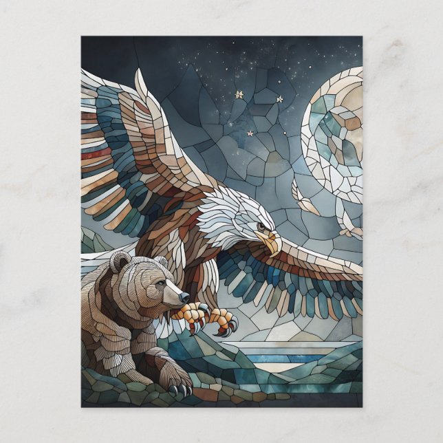 Mosaic Ai Art | Brown Bear and an Eagle Full Moon Postcard (Front)