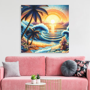 Mosaic Ai Art   Ocean Sunset and Palm Trees Canvas Print