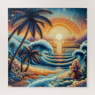 Mosaic Ai Art   Ocean Sunset and Palm Trees Jigsaw Puzzle