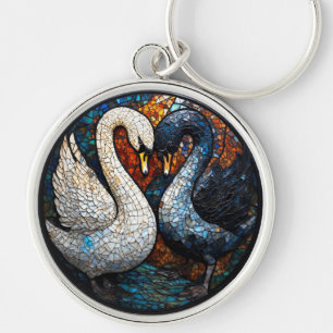 Mosaic Art Depicting Black and White Swans Key Ring