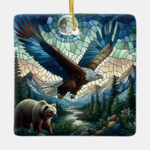 Mosaic Bear and Eagle in the Mountains Ceramic Ornament