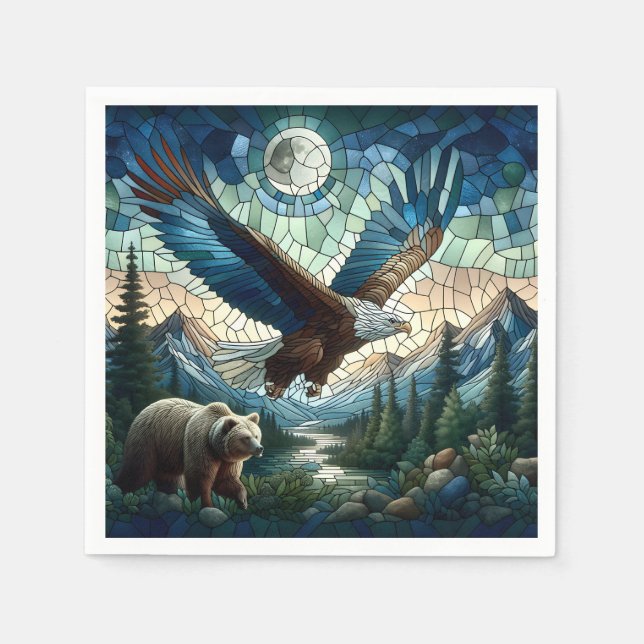 Mosaic Bear and Eagle in the Mountains  Napkin (Front)