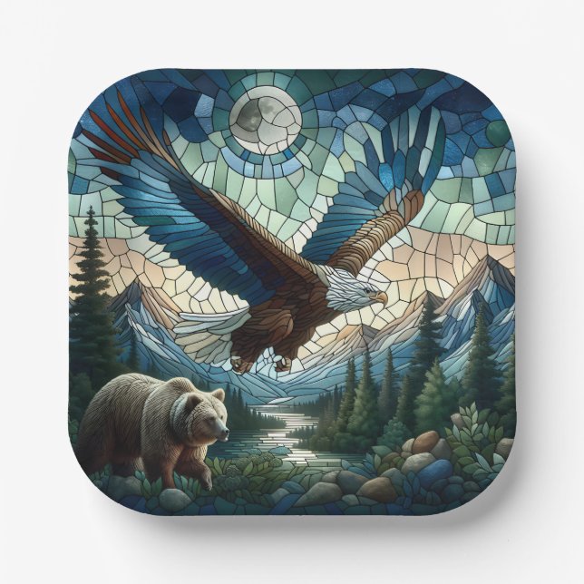 Mosaic Bear and Eagle in the Mountains  Paper Plate (Front)