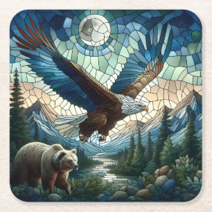 Mosaic Bear and Eagle in the Mountains  Square Paper Coaster