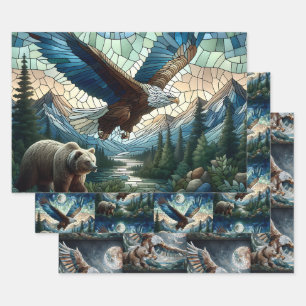 Mosaic Bear and Eagle in the Mountains  Wrapping Paper Sheet