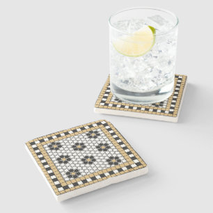 Mosaic Black White and Gold Stone Coaster