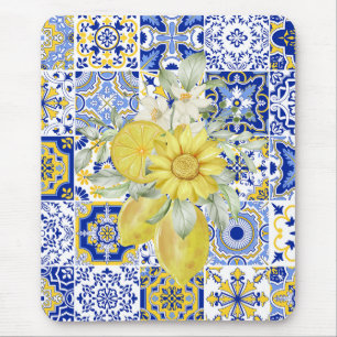 Mosaic Blooms in Blue and Yellow Mouse Pad