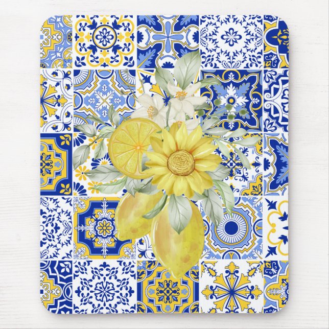 Mosaic Blooms in Blue and Yellow  Mouse Pad (Front)