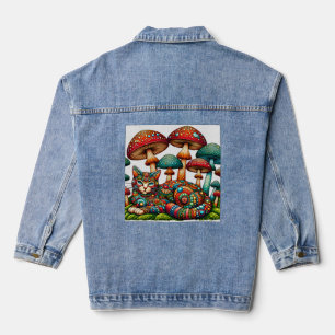 Mosaic Cat in Mushrooms Denim Jacket