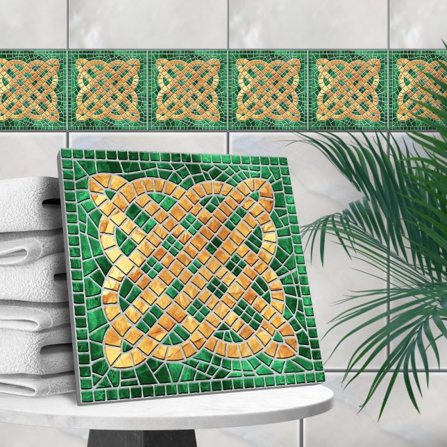 Mosaic Celtic knot - green marble and gold Tile (Creator Uploaded)