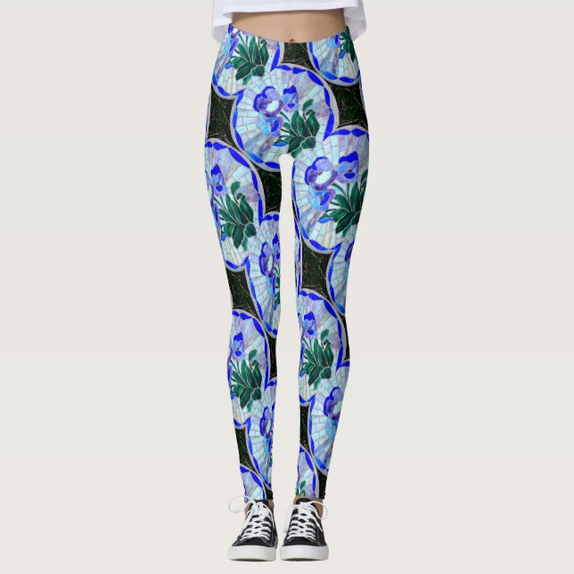 mosaic circles blue flower leggings (Front)