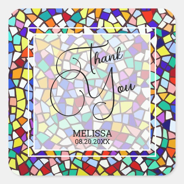 Mosaic Colourful & Fun Thank You Square Sticker (Front)