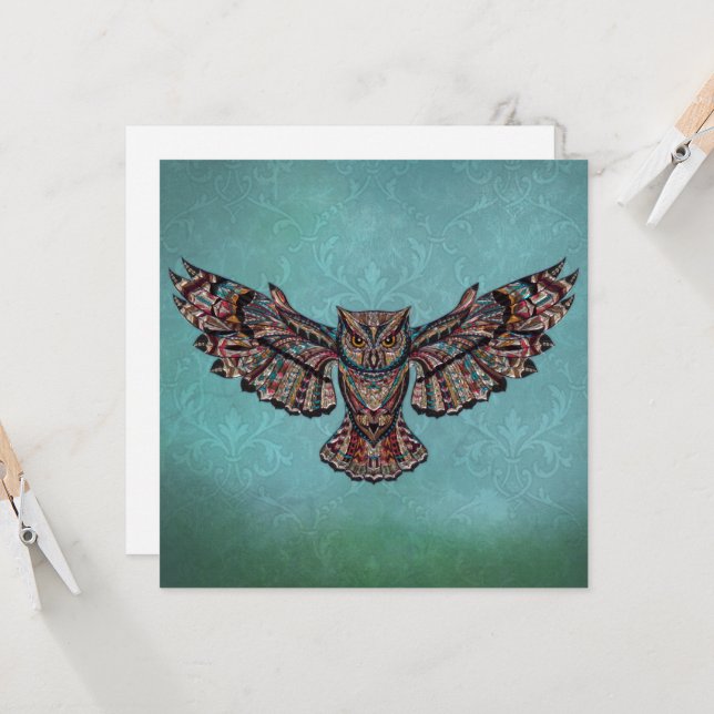 Mosaic colourful Owl with turquoise background Card (Front/Back In Situ)