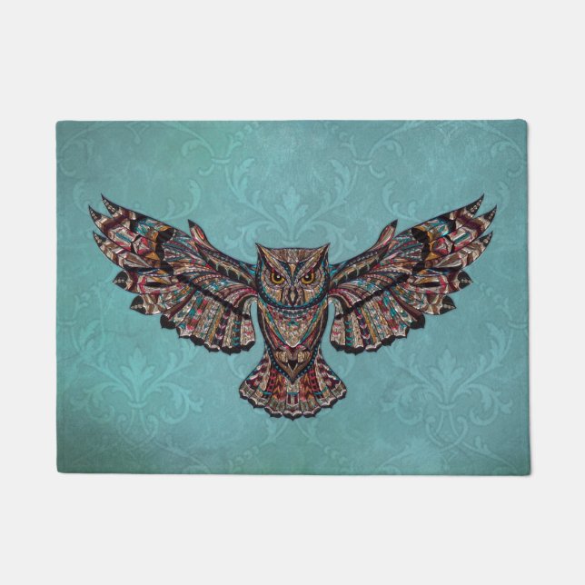 Mosaic colourful Owl with turquoise background Doormat (Front)
