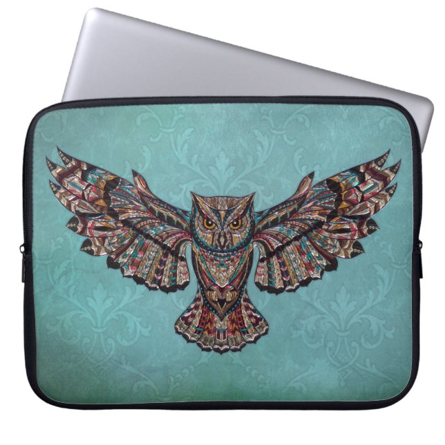 Mosaic colourful Owl with turquoise background Laptop Sleeve (Front)