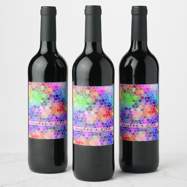 Mosaic Colourful Rainbow Pink Monogram Abstract Wine Label (Bottles)