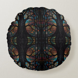 Mosaic Dark Forest Abstract Trees Round Cushion