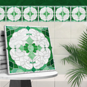 Mosaic Flourish Marble Ornament Green and White Tile
